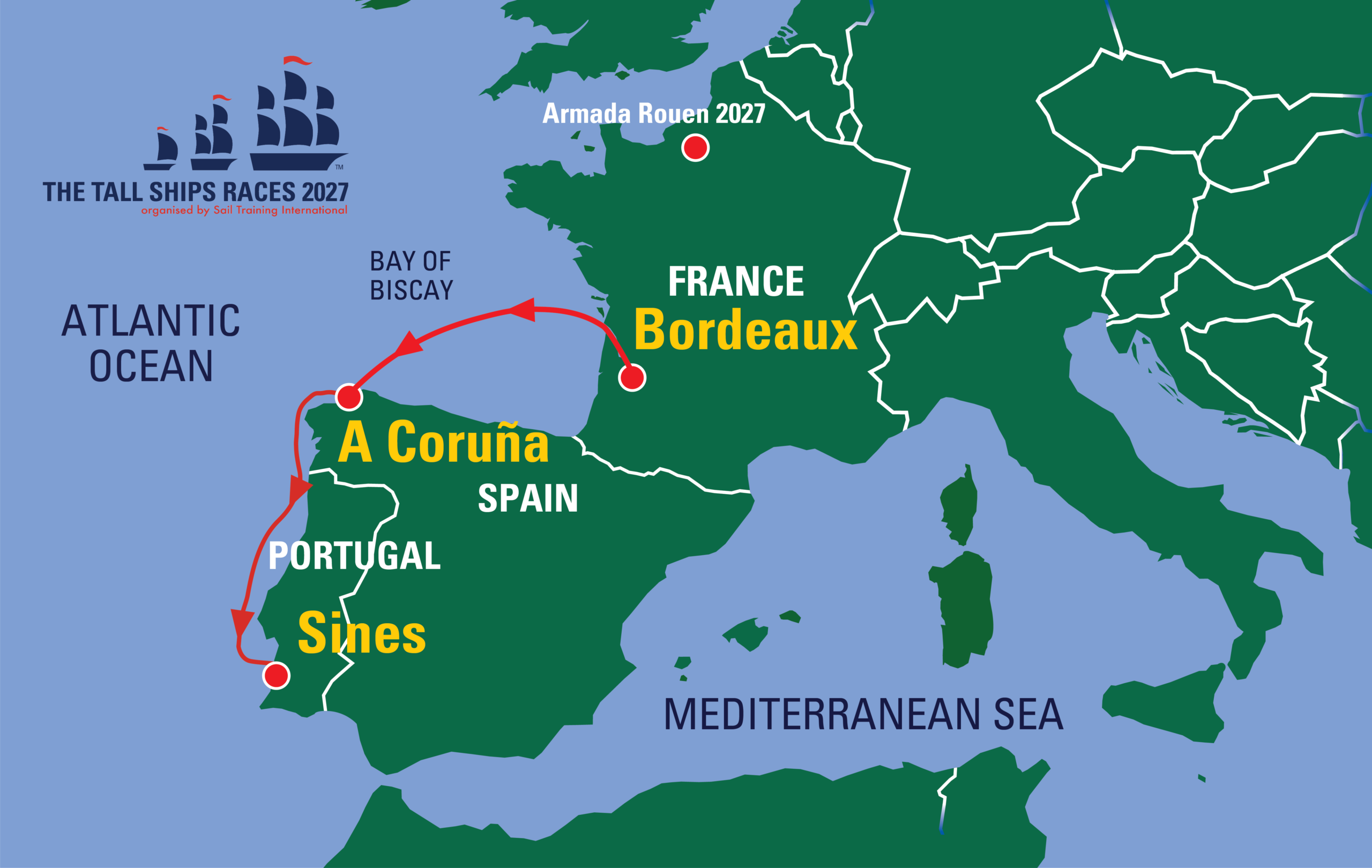 The Tall Ships Races 2027 organised by Sail Training International. Carte d"Europe de l'Ouest France Espagne Portugal avec le parcours de la régate. Départ Bordeaux en France, étape à A Coruña en Espagne et arrivée à Sines au Portugal